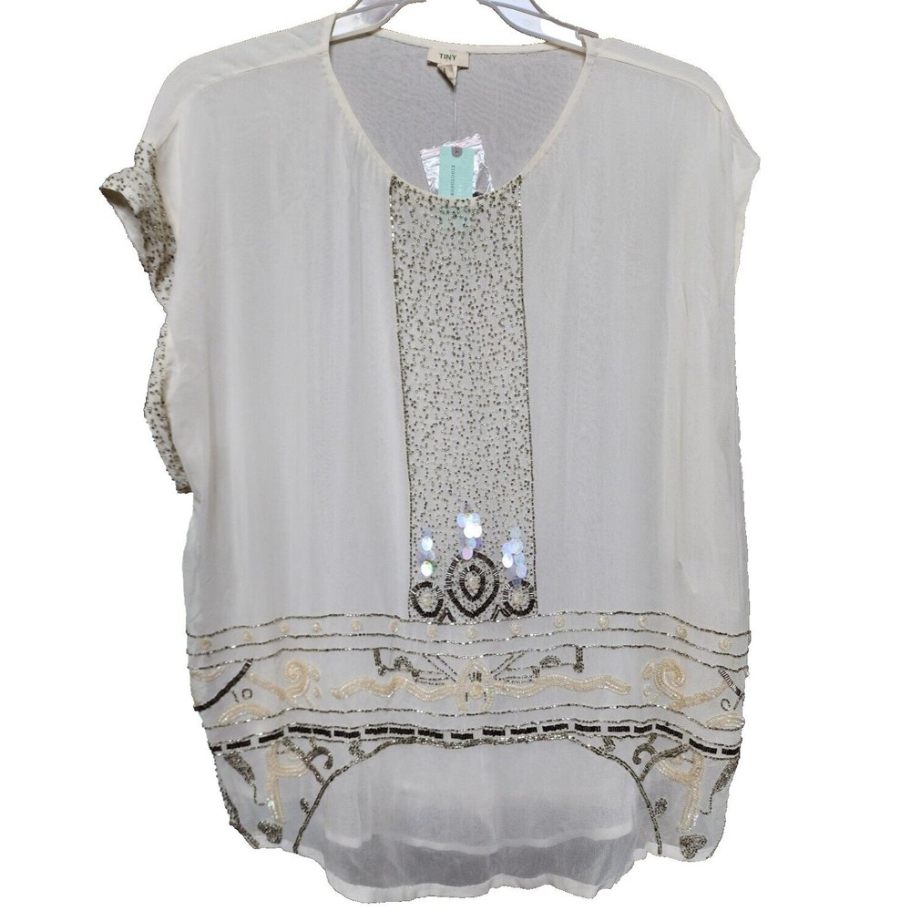 Anthropologie Plus White Embellished Lined Top Size 1X Retro Feel